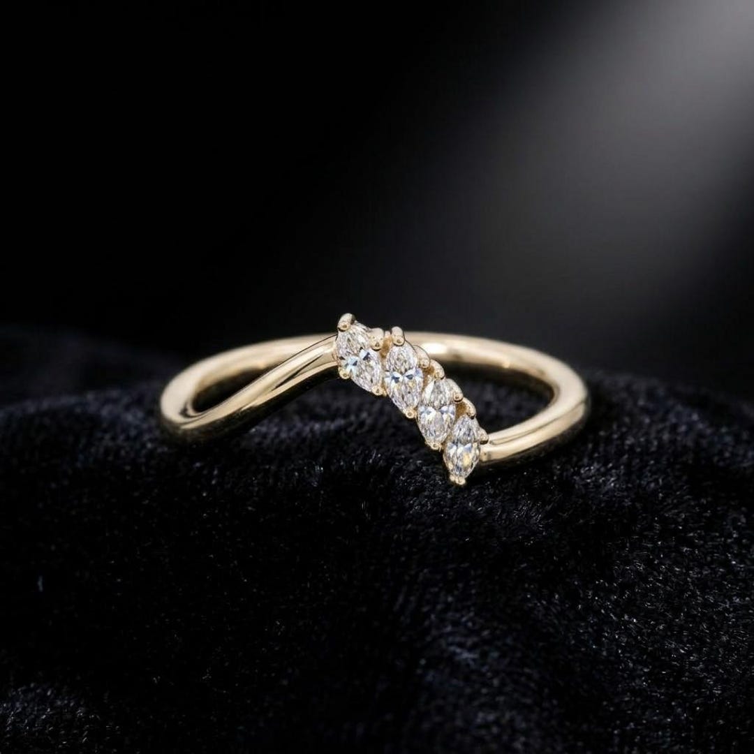 Curved Diamond Wedding Band | Marquise Moissanite Ring | Chevron Bridal ...