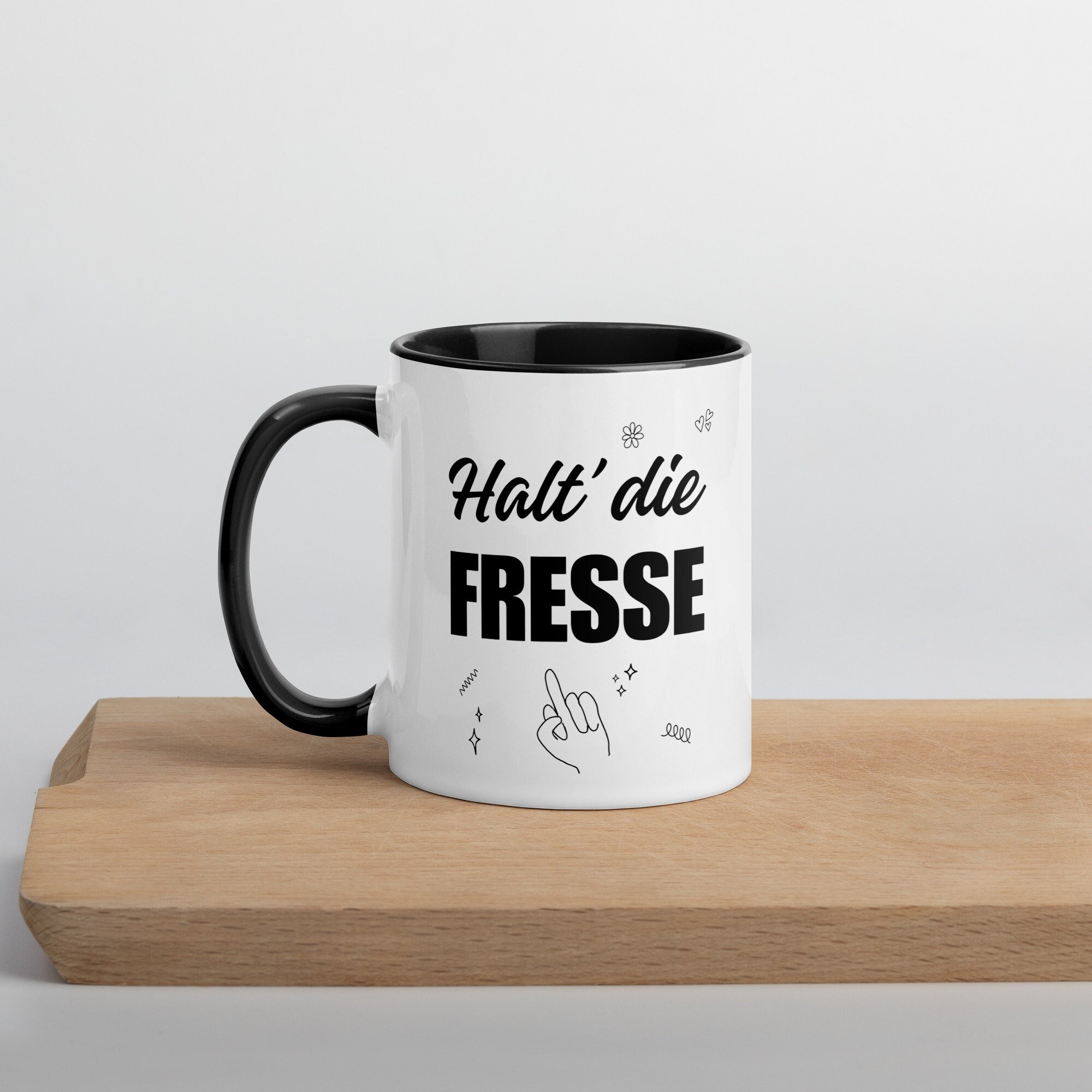 Shut up middle finger mug - printed on both sides - with colored inside black humor insulting bad mood nasty saying