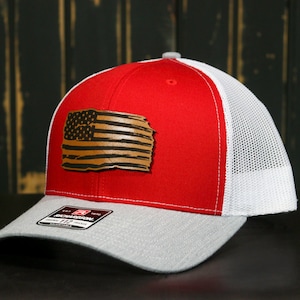 American Flag Trucker Hat - Distressed Flag Leather Patch Richardson Snapback