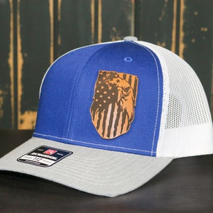 Eagle Flag Trucker Hat -American Flag Leather Patch Richardson Snapback