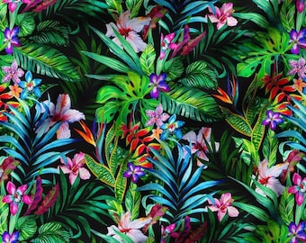 Colorful Tropical Forest Fabric By The Yard, Kaffe Fassett Fabric, Bright Color Floral Upholstery Fabric, Hawaiian Fabric, Flowers Fabric