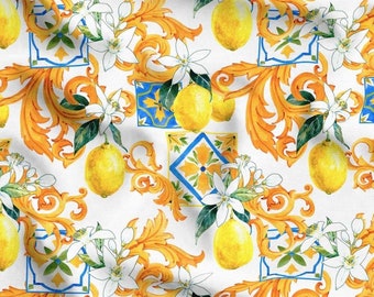 Lemon Baroque Upholstery Fabric, Italian Kitchen Print for Curtains, Tablecloth & Chairs