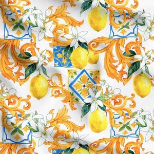 Lemon Garden Print Upholstery Fabric by the Yard, Damask Lemon Trees on White, Lemon Fabric for Drapery, Baroque Lemon Print Batik Fabric