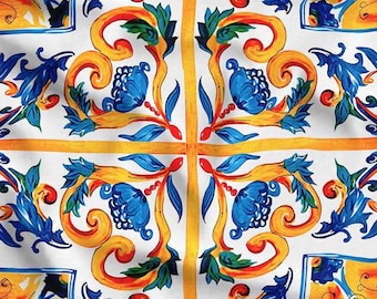 Majolica Tile Upholstery Fabric by the Yard with Sicilian Italian Pattern in Blue and Yellow