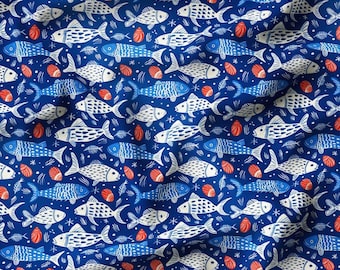 Nautical Fish Print Fabric: Navy Blue Coastal Polycotton, 56" Wide