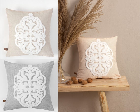 Cream Cotton Tufted Lumbar Pillow with Gold Embroidery