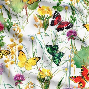 Butterfly Fabric, Botanicals Of Butterfly And Floral Fabric, Tula Pink Fabric, Colorful Upholstery Block Print Fabric By The Yard