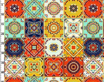Italian Upholstery Fabric by the Yard with Colorful Majolica Tile Pattern, Mediterranean Style
