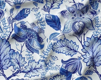 Blauwe bloementapijtstof, blauwgroen bloemen, modern canvas uit het midden van de eeuw, op maat gesneden