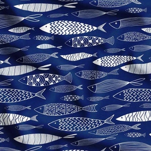 Visstof, blauwe vissenprintstof op maat gesneden, blauwgroen stof, stof voor Lake House en Beach House, bekledingsstof met dierenpatroon,