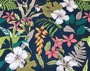 Tela de tapicería con estampado floral de hibisco, con jardín tropical hawaiano.