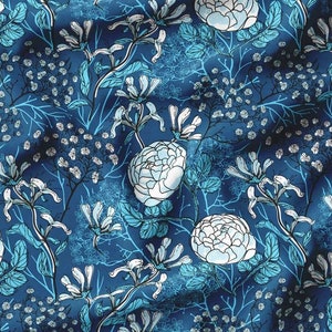 Teal Upholstery Fabric, Floral Fabric By The Yard, Art Nouveau Blue White Floral Fabric, Blue Botanical Fabric, Wildflower Upholstery Fabric