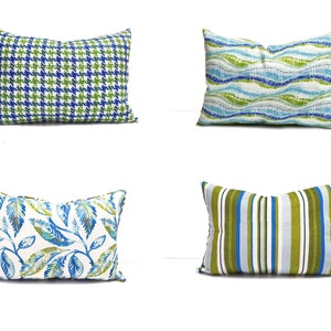 Blue Green Modern Lumbar Throw Pillow Covers, Floral Striped and Houndstooth Cushion Covers, Color Block Pillows, Extra Long Lumbar Pillows