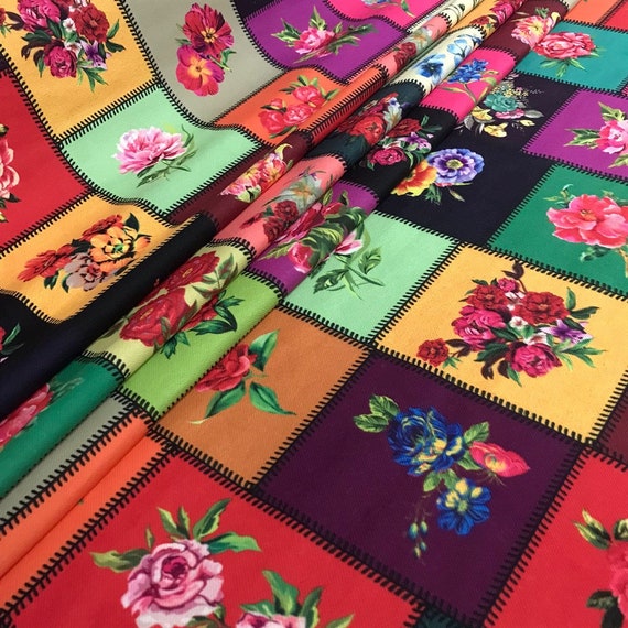 Vintage Floral Canvas Fabric by the Yard – Cottage Style Colorful Patchwork & Granny Square Inspired