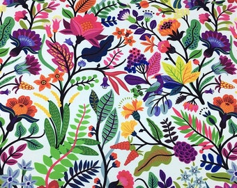Colorful Mexican Exotic Flowers Fabric, Floral Designer Fabric By The Yard, Mexican art Print Upholstery Fabric, Flora and Fauna Fabric