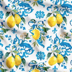 Lemon Print Fabric By The Yard, Baroque Fabric, Lemon with Navy Blue Leaves Lemon Fabric for Home Decor, Drapery or Kitchen Decor Fabric