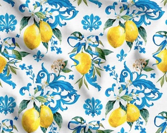 Lemon Upholstery Fabric, Blue Baroque Italian Kitchen Print for Curtains, Tablecloth & Chairs
