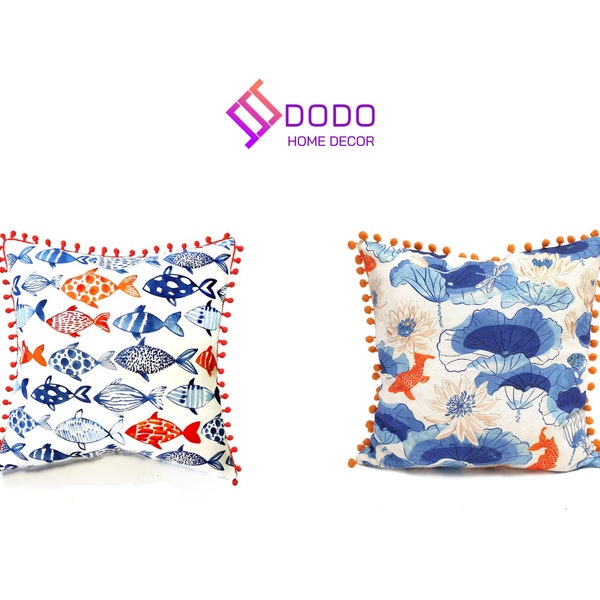 Nautical Fish Pillow Covers, Lakehouse Decor Pillow, Indoor or Outdoor for New Boat Owners Pillows, Patio Cushion, PomPom Orange Blue Pillow