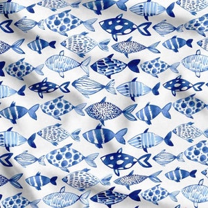 Watercolor Fish Fabric, Marine Blue Fishes Nautical Fabric, Upholstery Fabric By The Yard, Fish Canvas Fabric, Fishes Home Textile