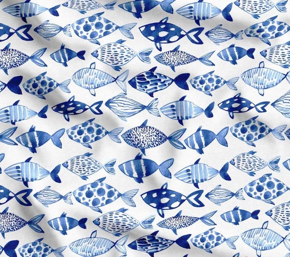 Watercolor Fish Fabric, Marine Blue Fishes Nautical Fabric