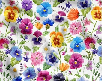 Tela floral violeta suave y colorida cortada a medida, flores silvestres de acuarela de inspiración primaveral sobre fondo blanco.
