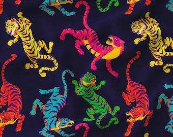 Colorful Tiger Upholstery Fabric, Maximalist Jungle Animal Print, Navy Home Decor