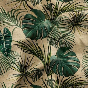 Burlap Look Monstera Leaves Fabric, Hawaiian Upholstery Fabric By The Yard, Tropical Leaves on Light Beige Burlap Print Canvas Fabric