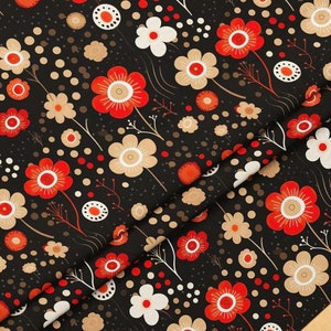 Psychedelic Floral Fabric - Retro Fabric, Red Flowers Garden Upholstery Vintage Floral Hippie Groovy 70s 60s Fabric by the Yard