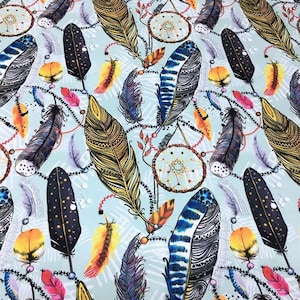Colorful Boho Feather Fabric, Bohemian Upholstery Fabric By The Yard, Boho Curtains Fabric, Perfect Designer Fabric for Your Home Decor