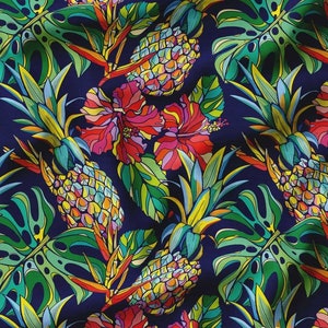 Tropical Fabric, Monstera Leaf and Pineapple Printed Fabric, Hawaiian Fabric, Tropical Upholstery Fabric, Canvas Fabric By The Yard