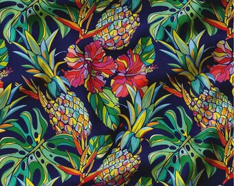 Monstera Leaf Pineapple Fabric, Tropical Upholstery Canvas, Hawaiian Print