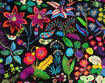 Mexican Otomi Floral Upholstery Fabric by the Yard, Colorful Folk Home Decor