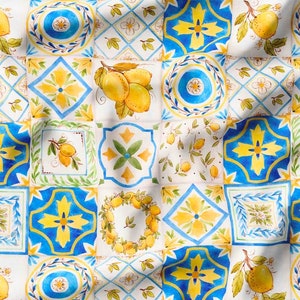 Lemon Fruit Print Fabric, Majolica Ceramic Tiles Lemon Upholstery Fabric By The Yard, Bright Color Batik Fabric, Portuguese Tiles Fabric