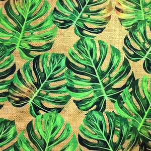 Hawaiian Fabric, Tropical Monstera Leaf on Burlap Look Print Fabric, Green Monstera Leaves Upholstery Fabric By The Yard, Botanical Fabric