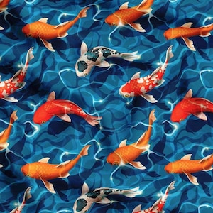 Koi Fish Fabric, Japanese Fabric By The Yard, Orange Red White Colorful Koi Fishes Print Upholstery Fabric, Gift For Home Decor Asian Fabric