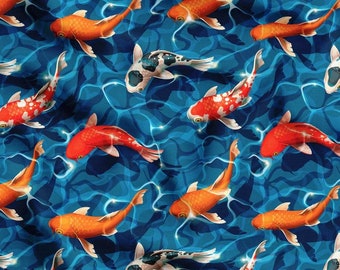 Koi Fish Fabric, Japanese Fabric By The Yard, Orange Red White Colorful Koi Fishes Print Upholstery Fabric, Gift For Home Decor Asian Fabric