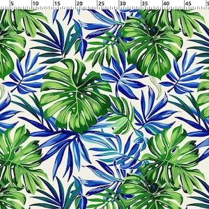Tropischer Monstera Polycotton Stoff - Hawaiian Blattdruck für DIY Nähen, Basteln & Wohnkultur - Blaugrünes botanisches Material, lose Ware