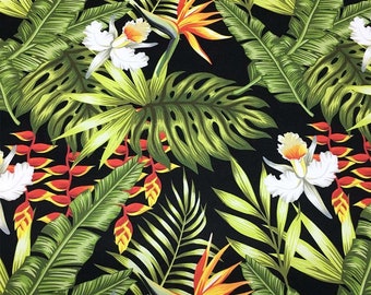 White Floral Tropical Leaf Upholstery Fabric, Hawaiian Print, Canvas Fabric By The Yard