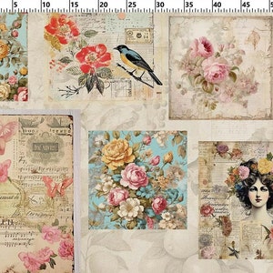 May include: A vintage-style fabric featuring a collage of images, including floral patterns, a bird, musical notes, and a woman with flowers in her hair. The fabric has a light beige background with a distressed look.