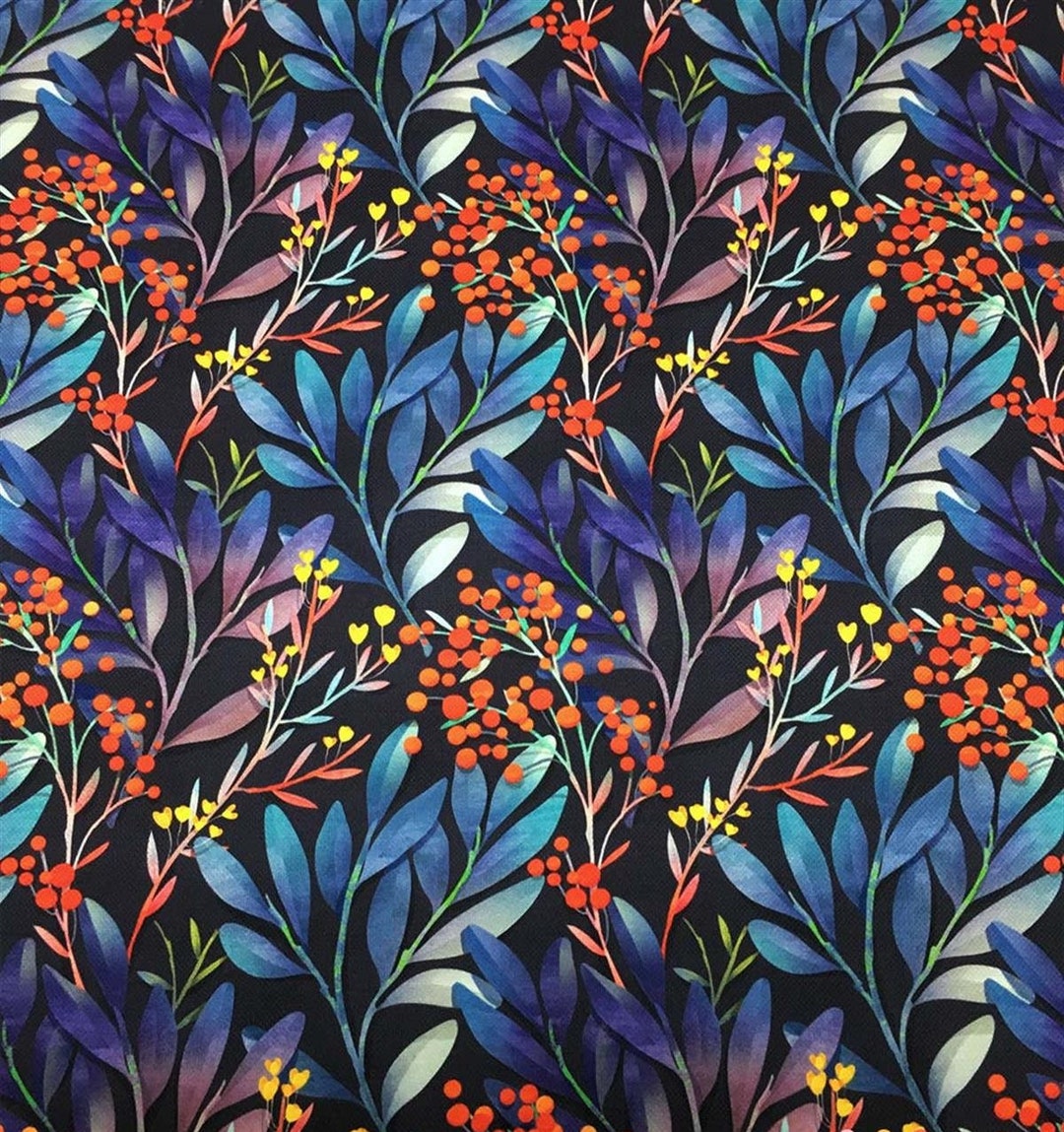 Blueberry Design Upholstery Fabric in Blue Leaves, Trippy Fabric by the