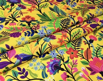 Mexican Fabric By The Yard - Alexander Henry Yellow Background Exotic Floral Fabric, Flower Garden Summer Canvas Upholstery Fabric