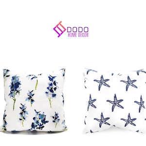 Blue Nautical Pillow Covers, Floral and Starfish Pillows, Outdoor or İndoor Pillows, Blue Throw Pillow, Lake house Pillow, Beach House Decor