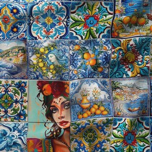May include: A colorful patchwork of blue, green, yellow, and red ceramic tiles with floral and geometric designs. The tiles feature images of lemons, oranges, boats, and a woman with flowers in her hair.