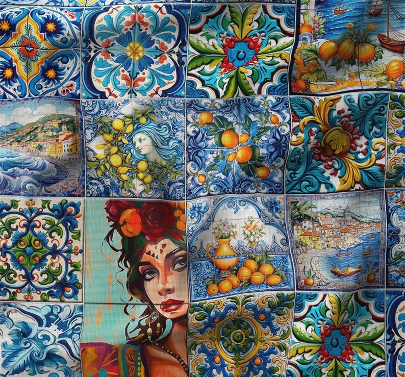 May include: A colorful patchwork of blue, green, yellow, and red ceramic tiles with floral and geometric designs. The tiles feature images of lemons, oranges, boats, and a woman with flowers in her hair.