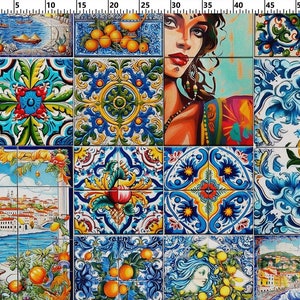 70s Sicilian Tiles Fabric, İtalian Mojolica Mosaic Pattern Fabric, Retro Upholstery Fabric for Home Decor