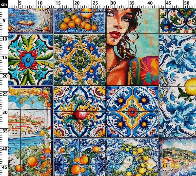 May include: A colorful tile pattern with a variety of designs, including floral motifs, geometric shapes, and a portrait of a woman. The tiles are arranged in a grid pattern and are painted in shades of blue, green, yellow, red, and white.