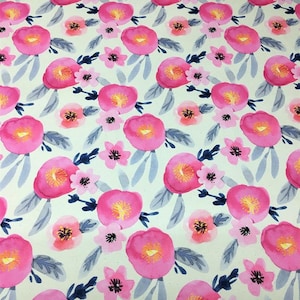 Pink Floral Fabric by The Yard, Watercolor Flowers on Raw Linen Looking Canvas Fabric, Chair Pillow Curtain Furniture Upholstery Fabric
