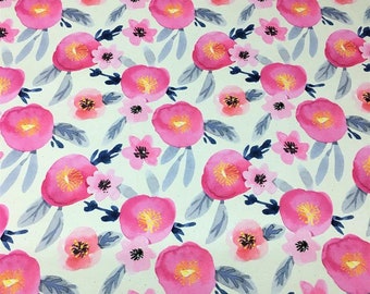 Pink Floral Fabric, Watercolor Flowers, Linen Look, Upholstery Fabric By The Yard