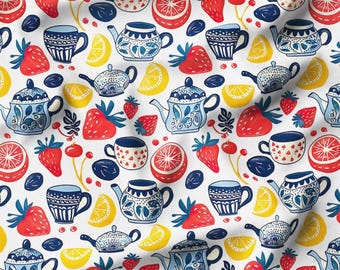 Erdbeere Zitrone Teekanne Stoff: Vintage Polycotton Print