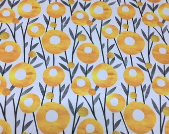Retro Gelber Blumen Stoff Meterware, 70er Jahre Leinen Look Polster für Home Decor